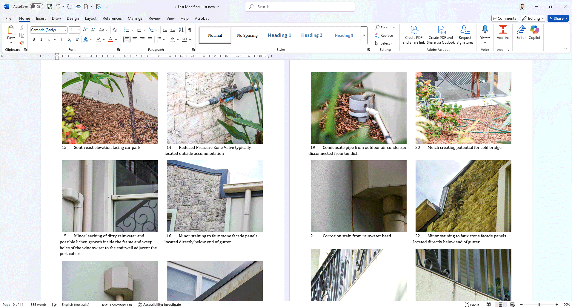 Sample CamReport photo appendix output — tabulated images per page