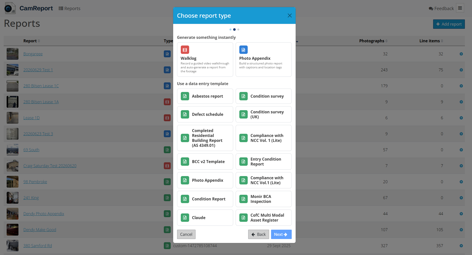 CamReport report type selection — generate a report instantly from photos or video