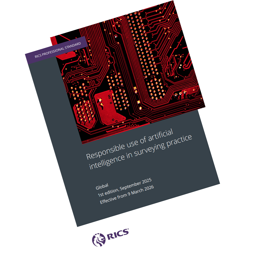 Cover of the RICS professional standard ‘Responsible use of artificial intelligence in surveying practice’, 1st edition, effective 9 March 2026